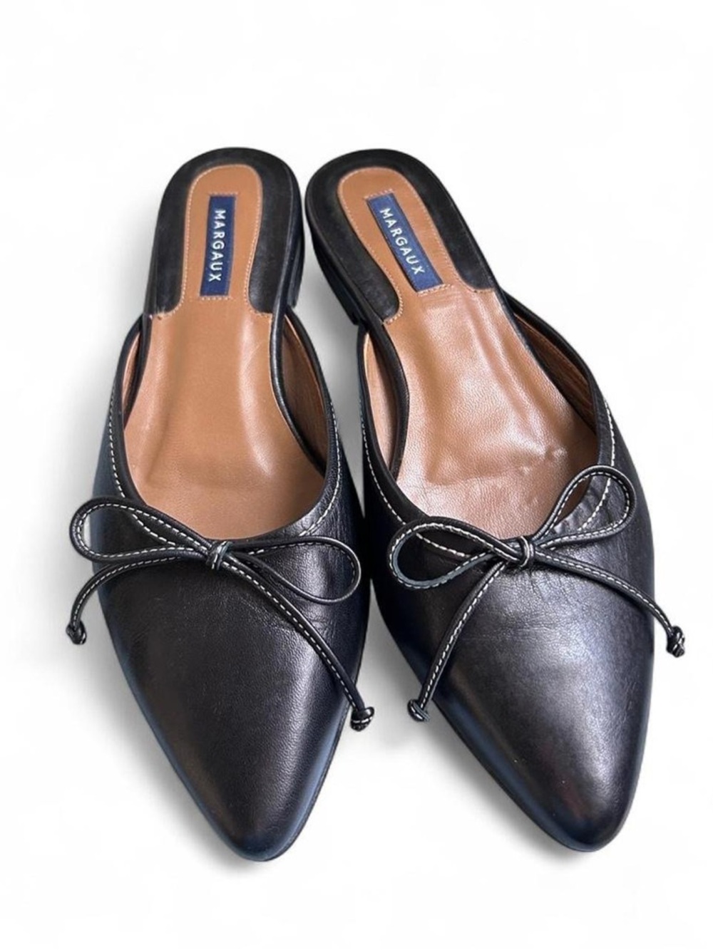 Margaux Black Pointed-Toe Leather Bow Backless Mules